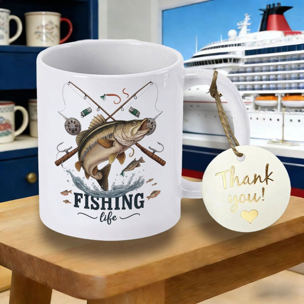 Tailorly White Ceramic 11 oz Mug - Fishing Life Majestic Jumping Fish With Crossed Fishing Rods And Water Splashes Fish