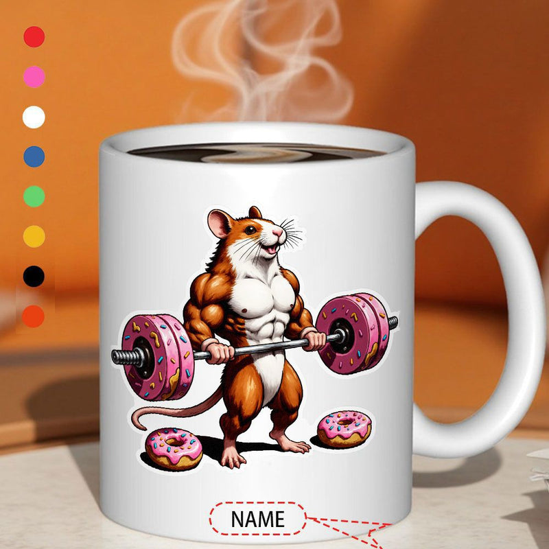 Tailorly White Ceramic 11 oz Mug - Name Muscular Rodent Lifting A Barbell Made Of Sweet Pink Glazed Donuts Hamster
