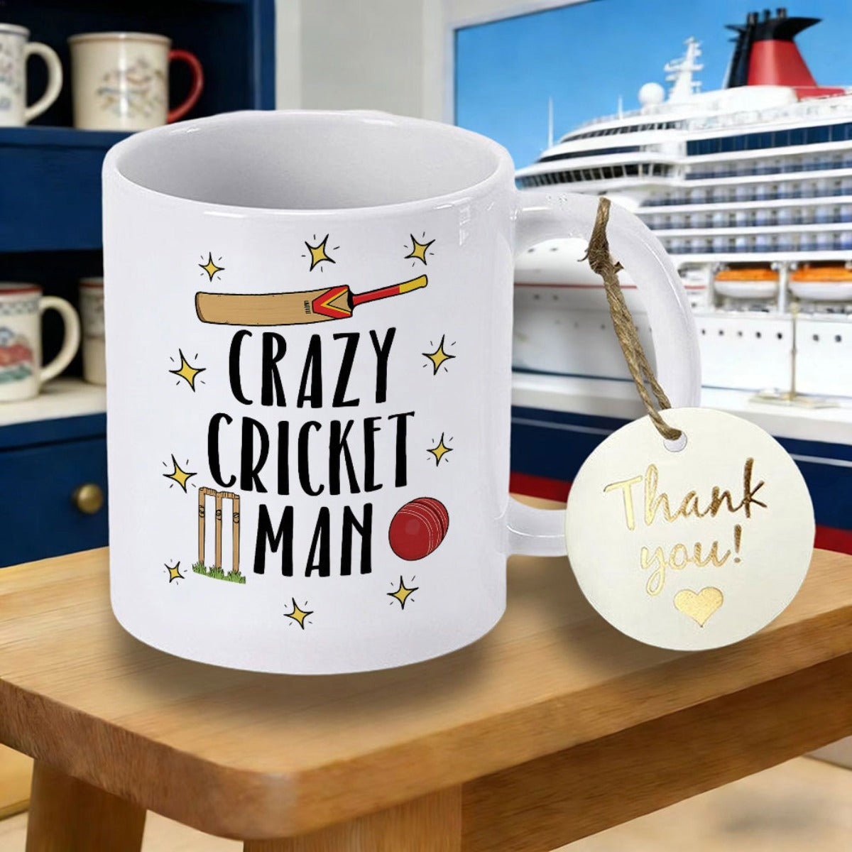 Tailorly White Ceramic 11 oz Mug - Crazy Cricket Man Hand Drawn Sports Illustration Featuring Classic Bat And Ball Mug