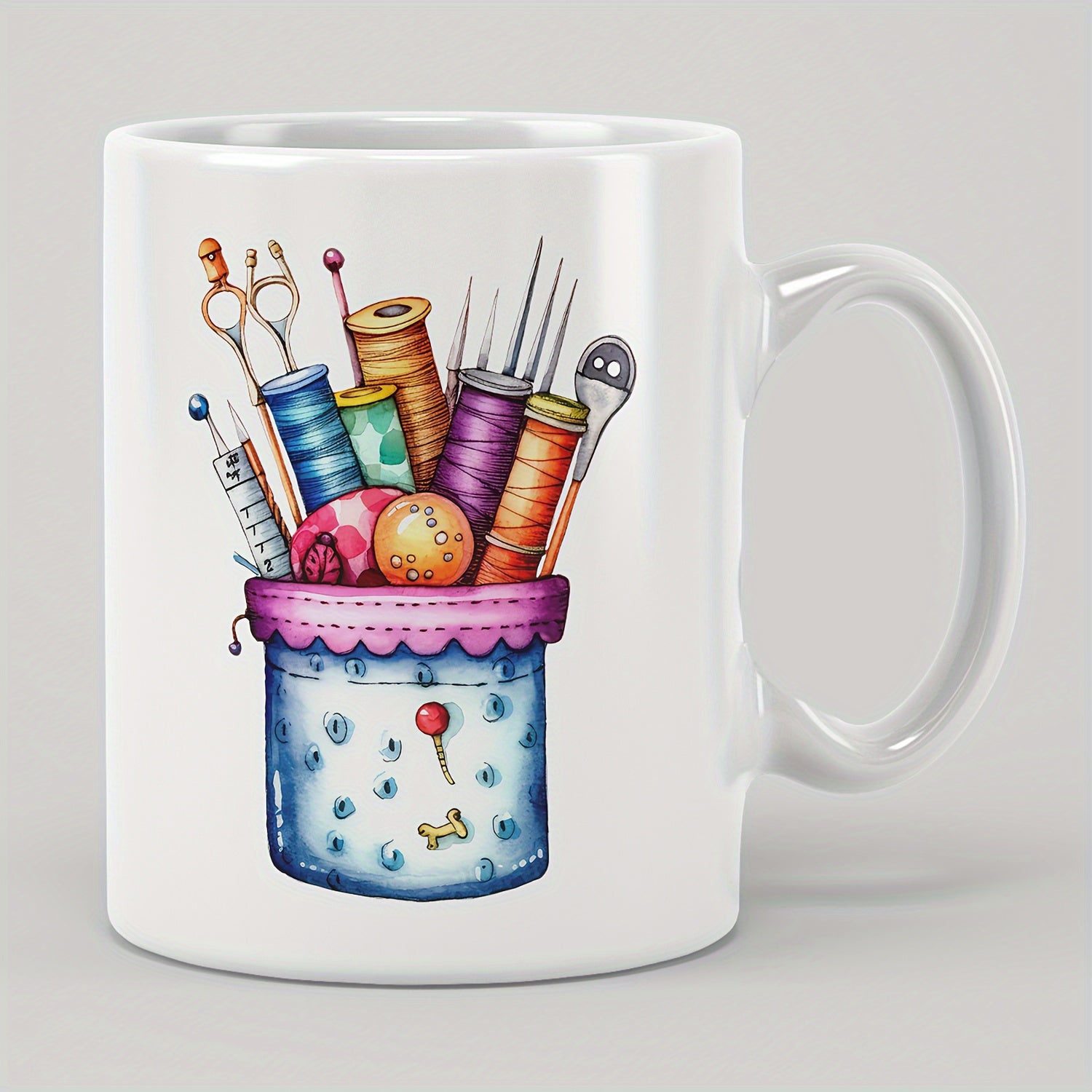 Tailorly White Ceramic 11 oz Mug - Colorful Watercolor Sewing Tools Arranged Inside A Blue Polka Dot Fabric Pocket