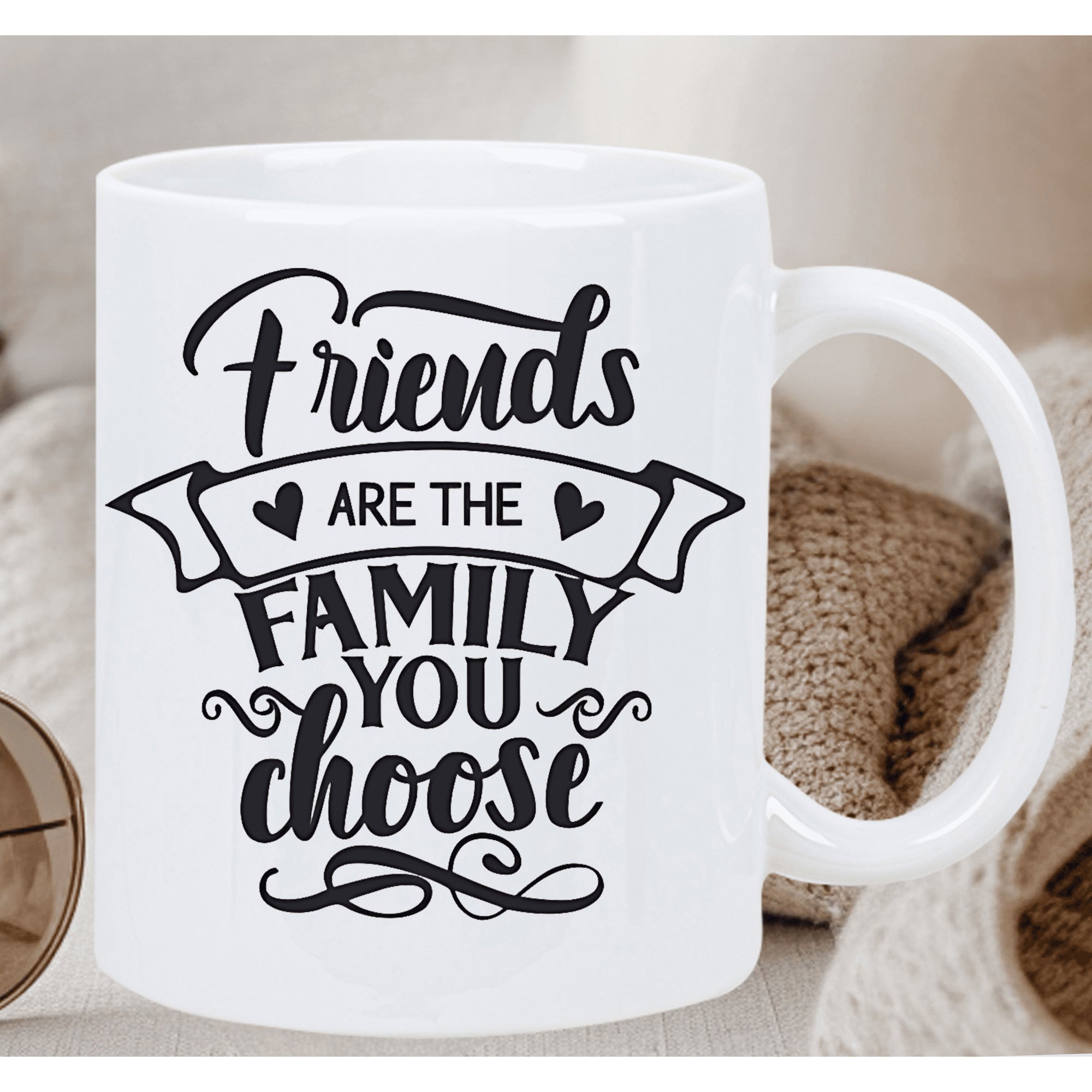 Tailorly White Ceramic 11 oz Mug - Friends Are The Family You Choose Elegant Black Script With Decorative Banner And Delicate Swirling Hearts Mug