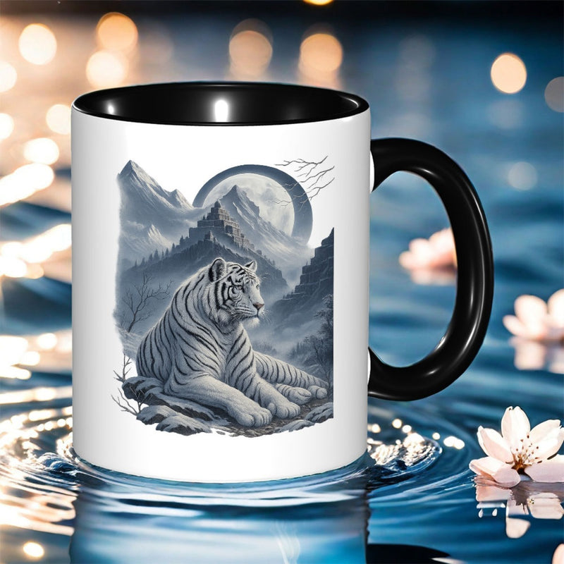 Tailorly Black Accent 11 oz Mug - white tiger print