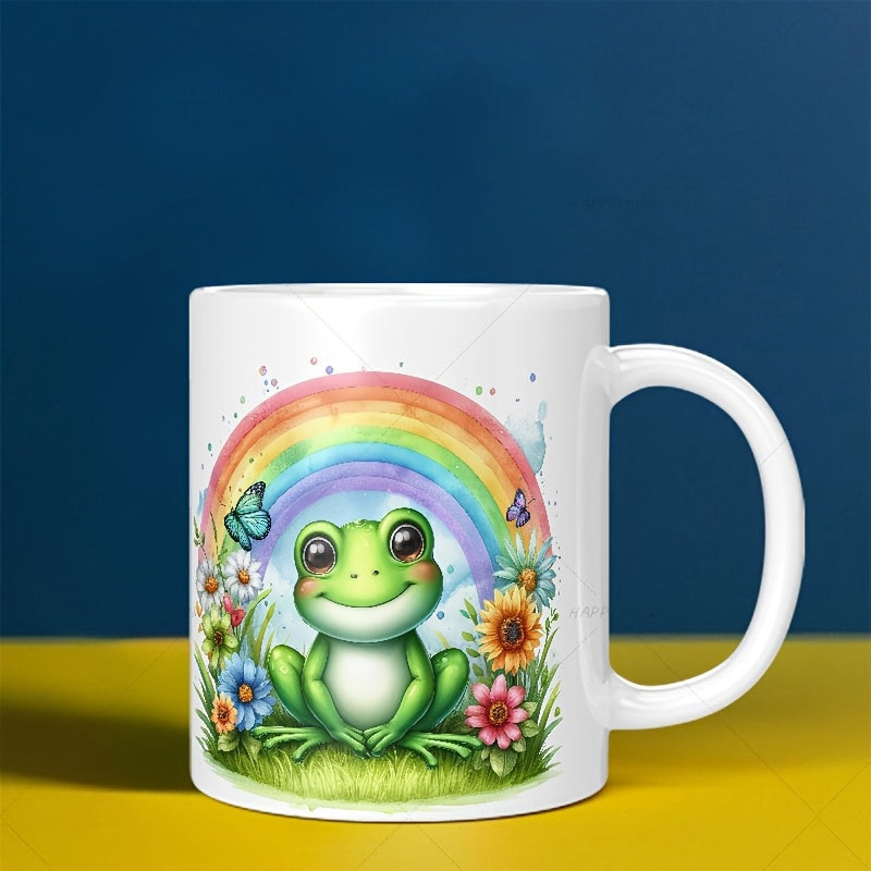 Tailorly White Ceramic 11 oz Mug - Vibrant Colorful Rainbow Over A Smiling Cute Garden Meadow Frog