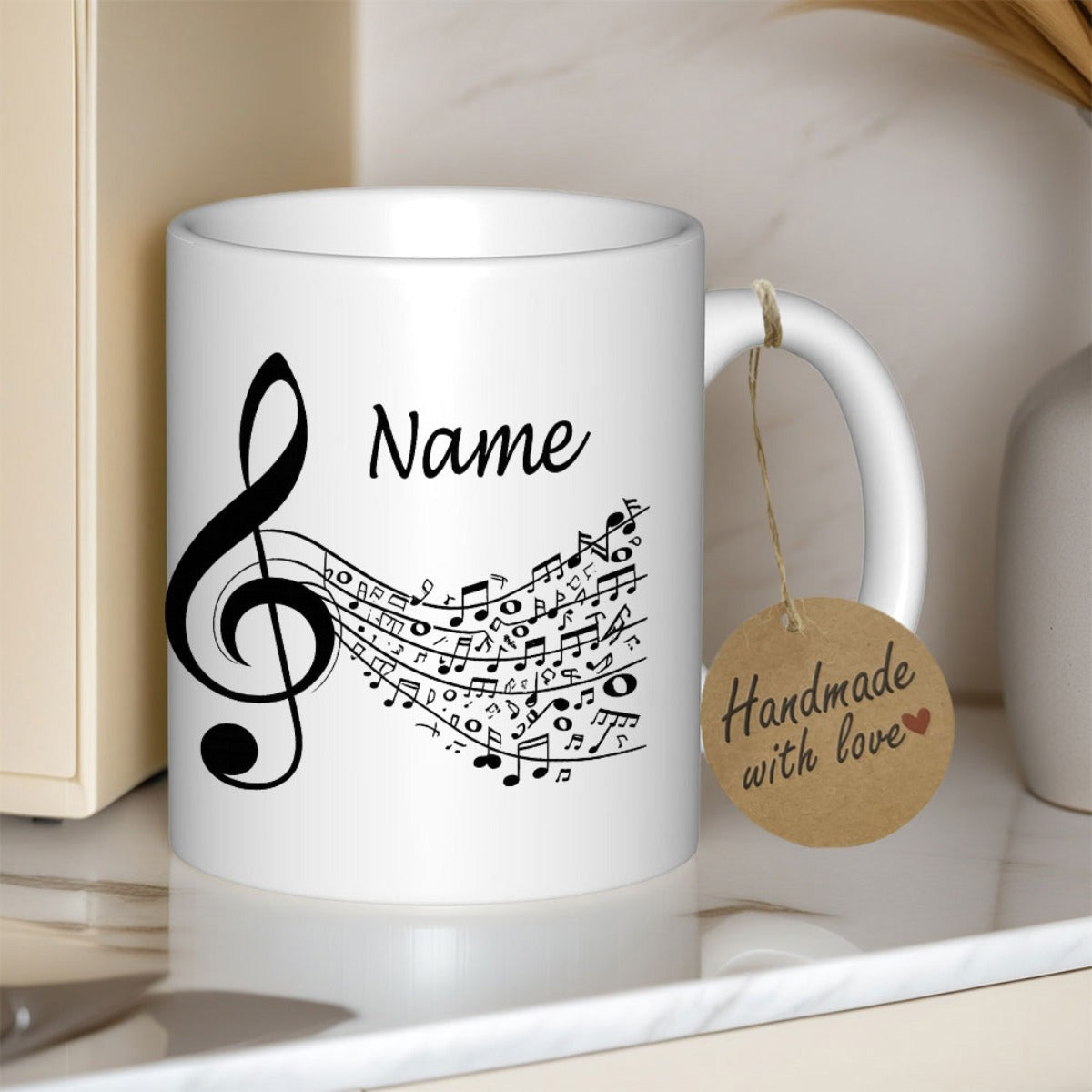 Tailorly White Ceramic 11 oz Mug - Name Elegant Musical Staff With Flowing Notes And Artistic Treble Clef