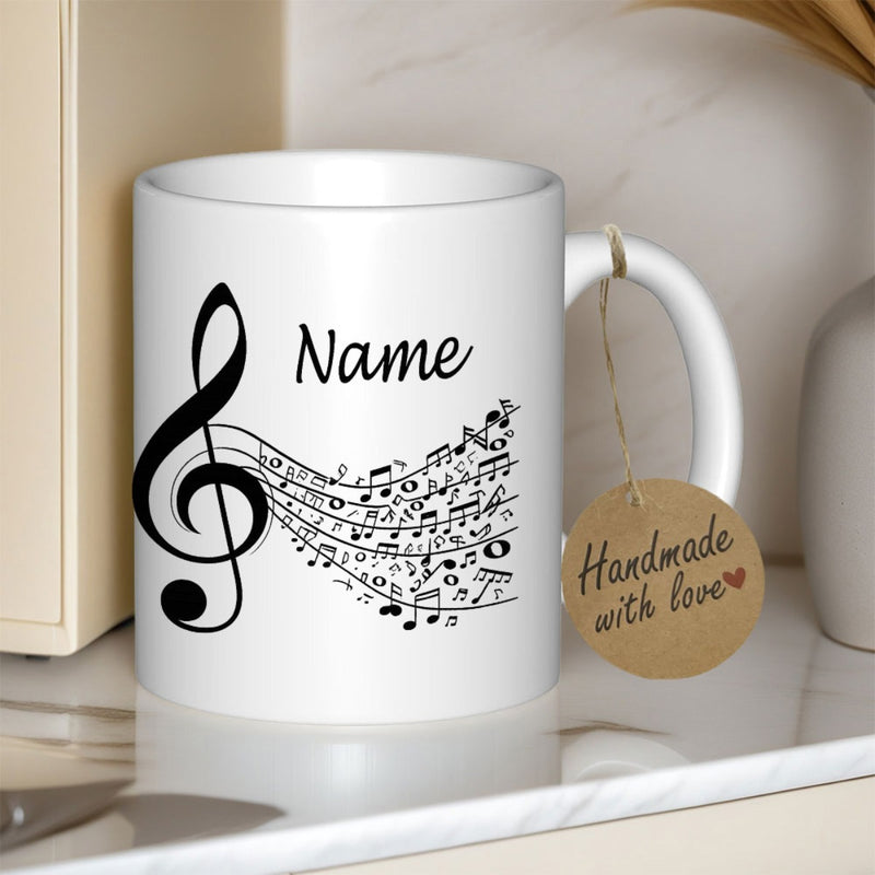 Tailorly White Ceramic 11 oz Mug - Name Elegant Musical Staff With Flowing Notes And Artistic Treble Clef