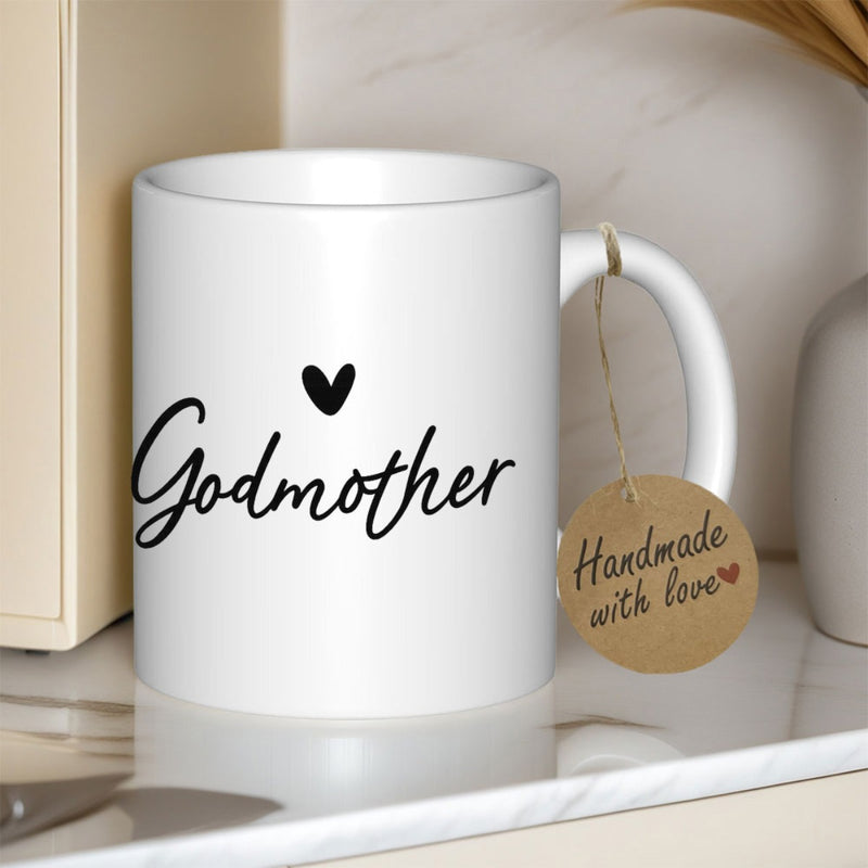 Tailorly White Ceramic 11 oz Mug - Godmother Elegant Cursive Lettering With A Tiny Solid Black Symbol Heart