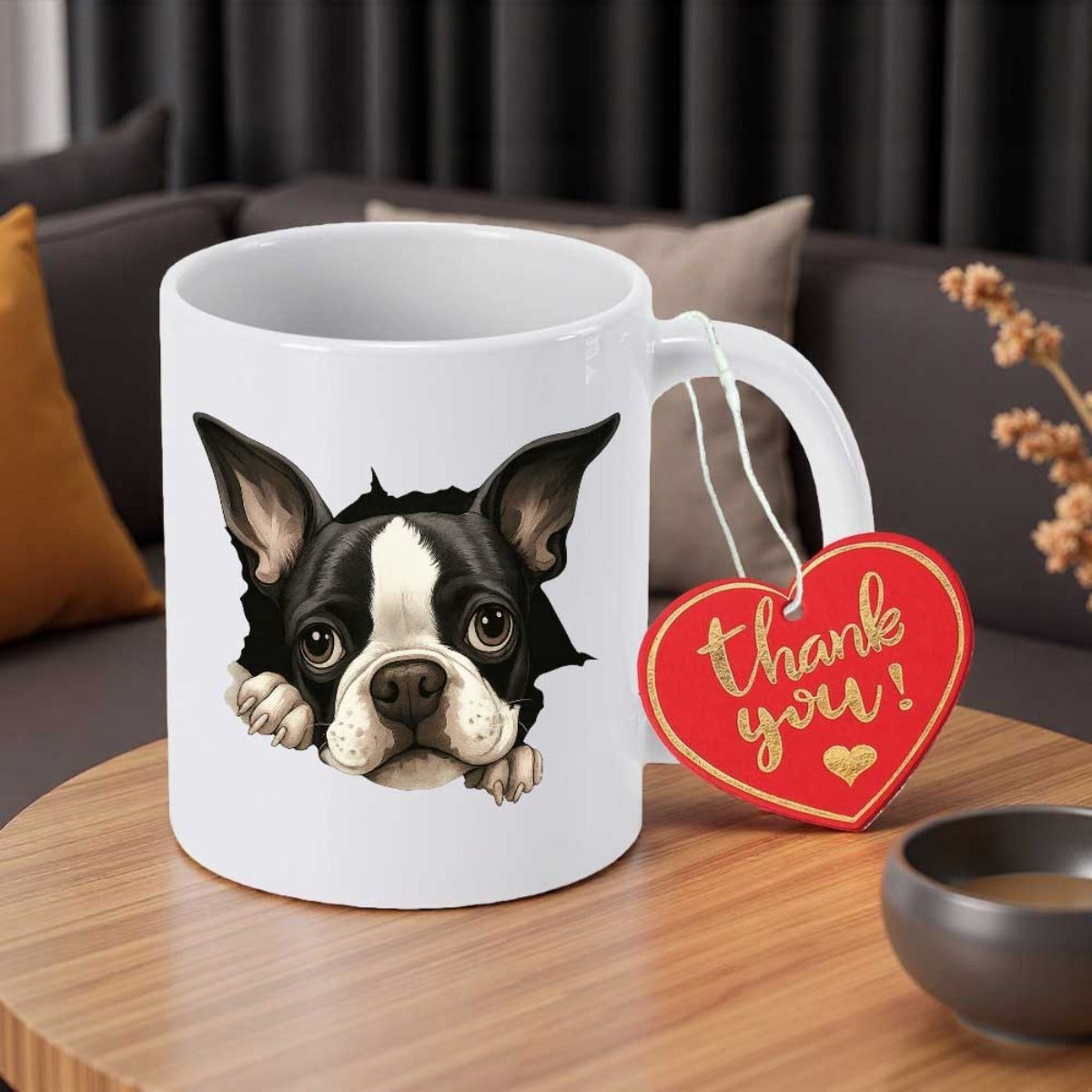 Tailorly White Ceramic 11 oz Mug - Thank You Adorable Peeking Black And White Boston Terrier With Expressive Eyes Dog