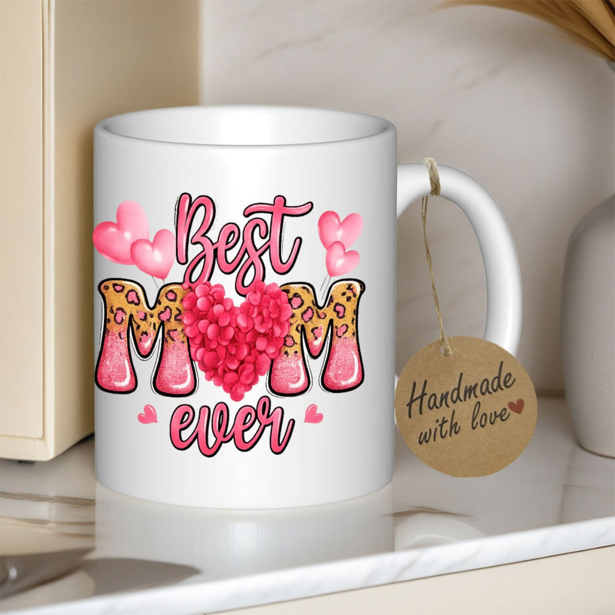Tailorly White Ceramic 11 oz Mug - Best Mom Ever Vibrant Pink Hearts And Leopard Patterns Surrounding A Floral Mug