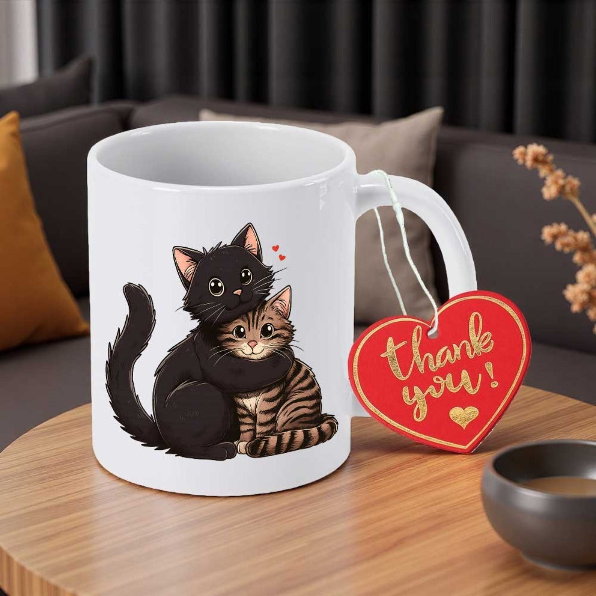 Tailorly White Ceramic 11 oz Mug - Thank You Adorable Cartoon Black And Tabby Cats Hugging Together In Love Cats