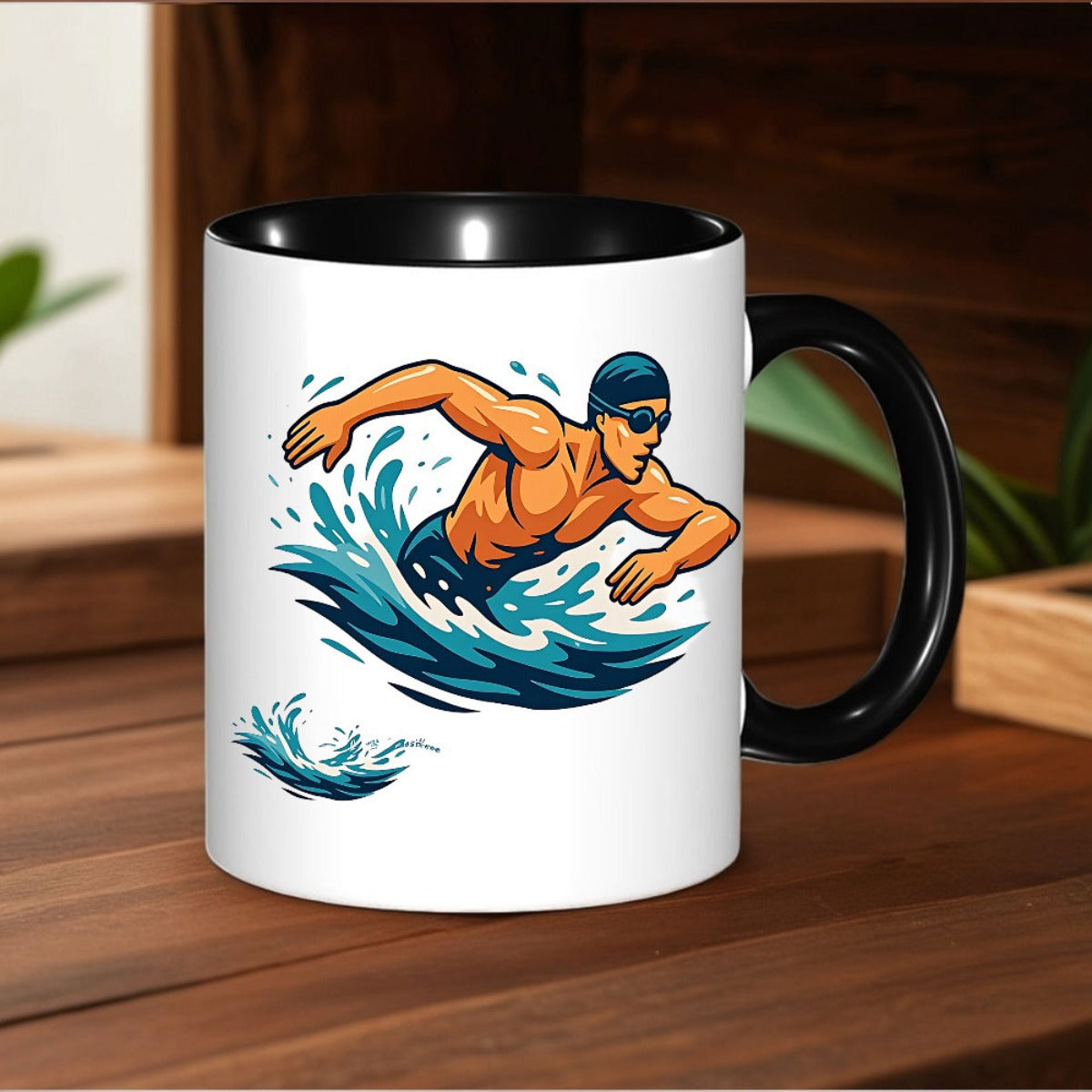 Tailorly Black Accent 11 oz Mug - "keep swimming" text with swimmer illustration