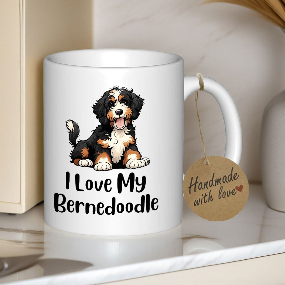 Tailorly White Ceramic 11 oz Mug - I Love My Bernedoodle Adorable Fluffy Tri Color Puppy Sitting With A Happy Expression Bernedoodle