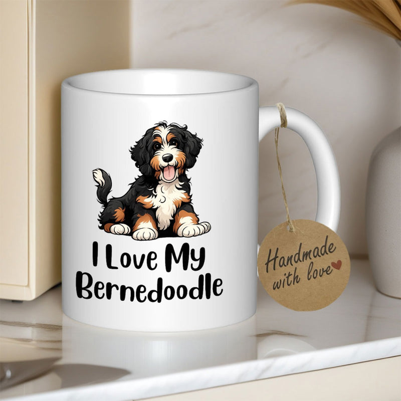 Tailorly White Ceramic 11 oz Mug - I Love My Bernedoodle Adorable Fluffy Tri Color Puppy Sitting With A Happy Expression Bernedoodle