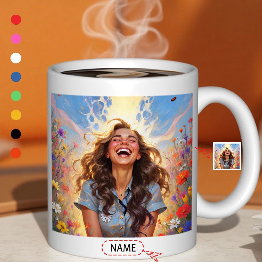 Tailorly White Ceramic 11 oz Mug - Vibrant Wildflowers Under Ethereal Glowing Light Surrounding A Joyful Smiling Woman