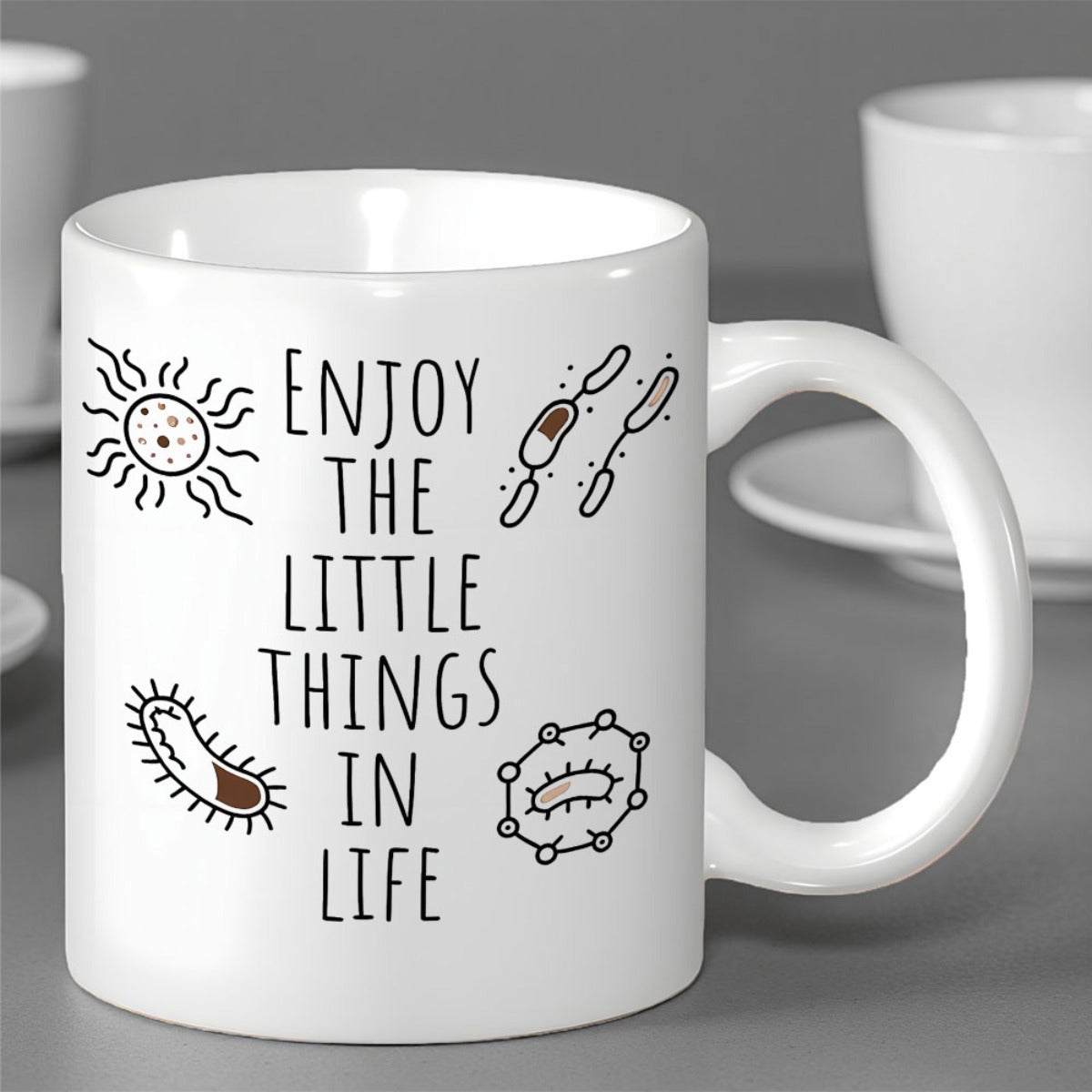 Tailorly White Ceramic 11 oz Mug - Enjoy The Little Things In Life Whimsical Microscopic Organisms Floating Among Hand Drawn Scientific Bacteria Sketches