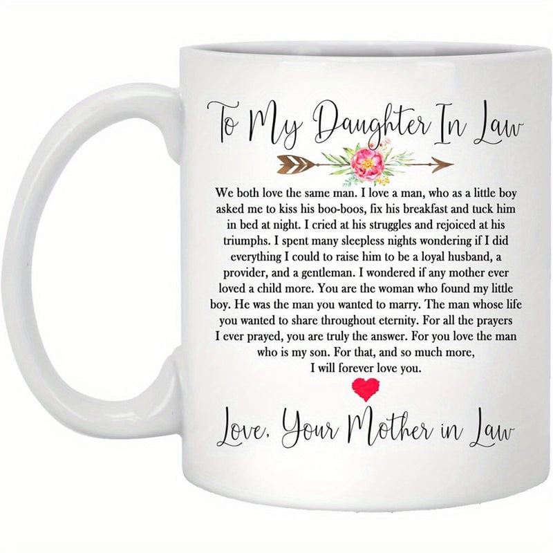 Tailorly White Ceramic 11 oz Mug - To My Daughter In Law Love Your Mother In Law Elegant Floral Arrow With Pink Blossoms And Small Red Heart Mug