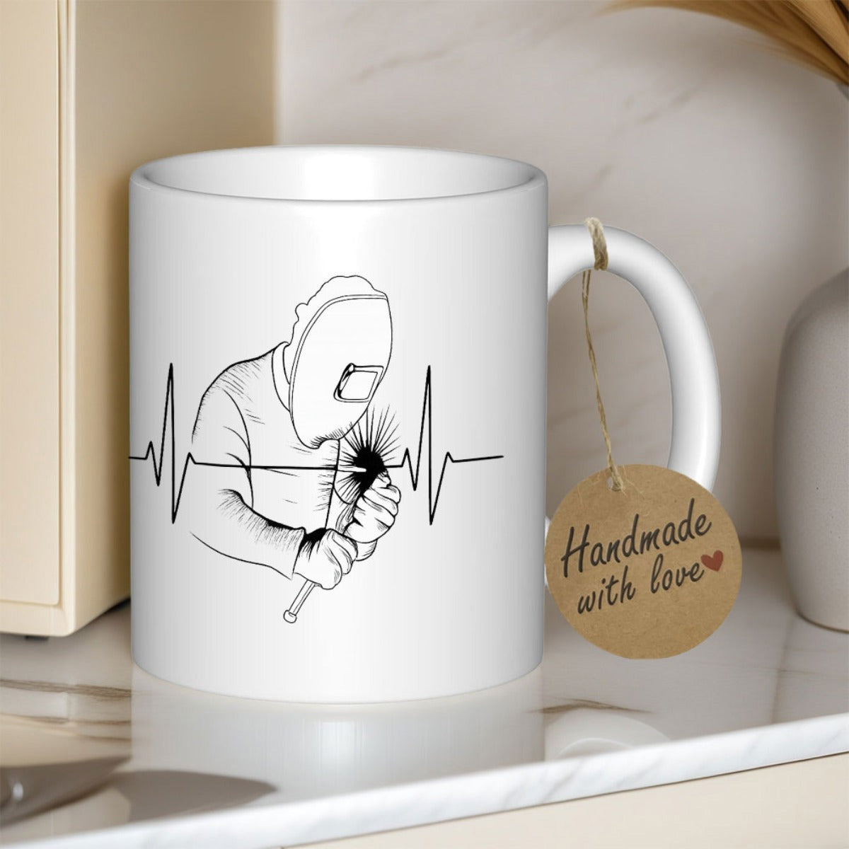 Tailorly White Ceramic 11 oz Mug - Minimalist Line Art Character Working Along A Rhythmic Heartbeat Pulse Welder