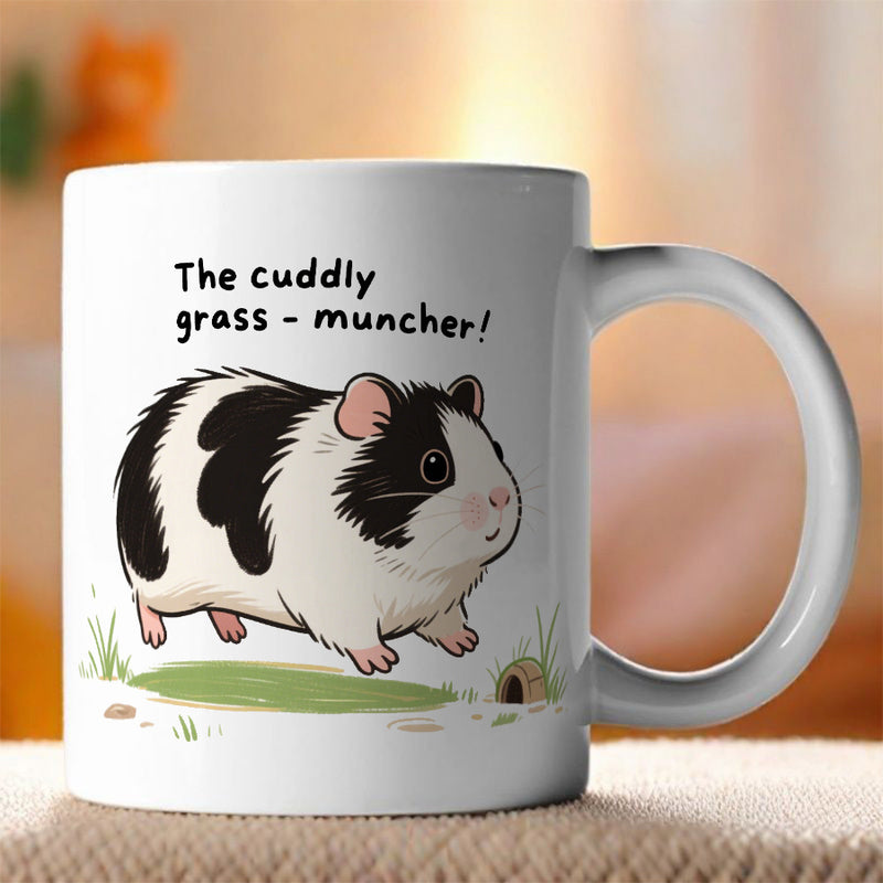 Tailorly White Ceramic 11 oz Mug - The Cuddly Grass Muncher Adorable Black And White Furry Pet Standing On Lush Green Grass Guinea Pig