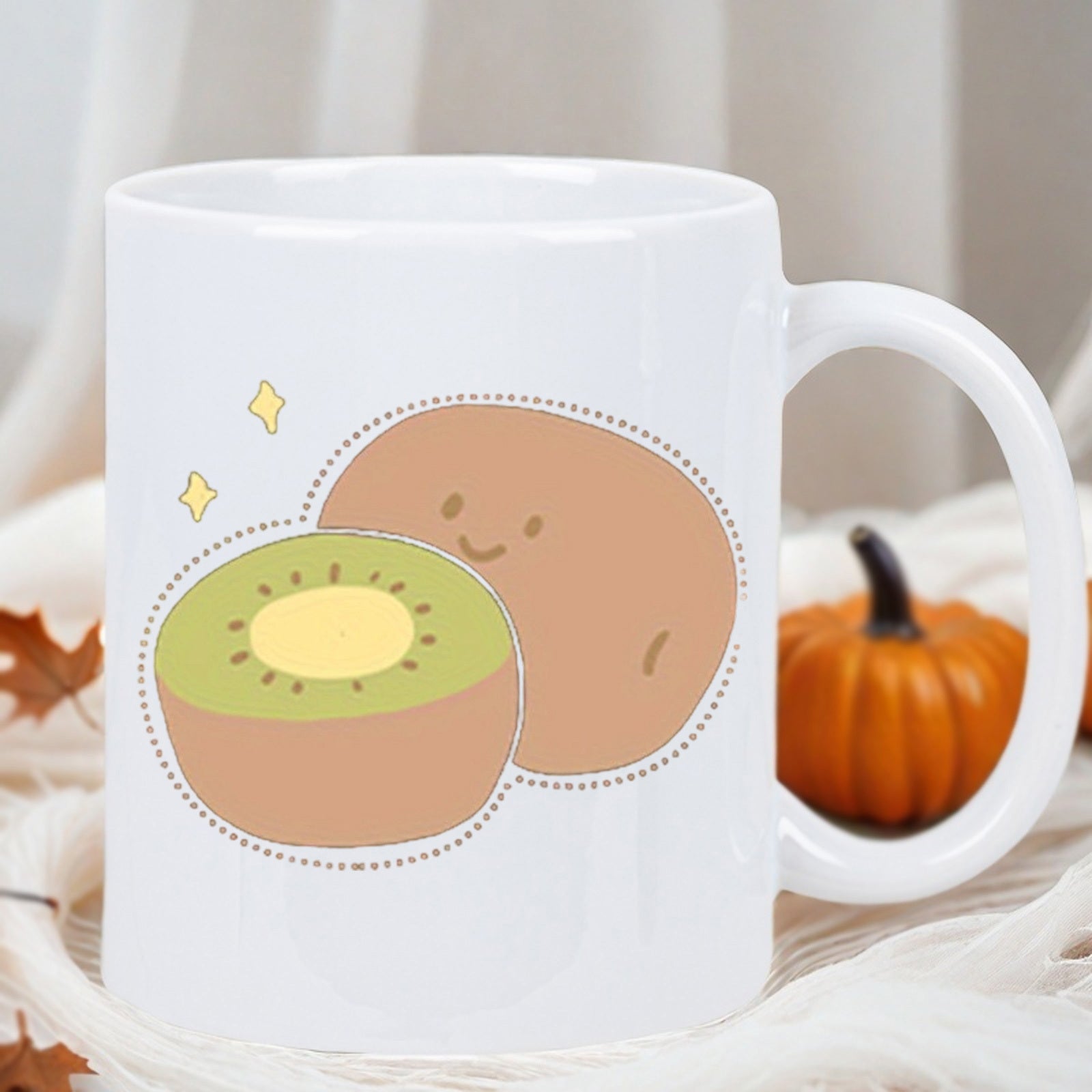 Tailorly White Ceramic 11 oz Mug - Simple Hand Drawn Cartoon Sliced And Whole Cute Smiling Fruit Kiwi