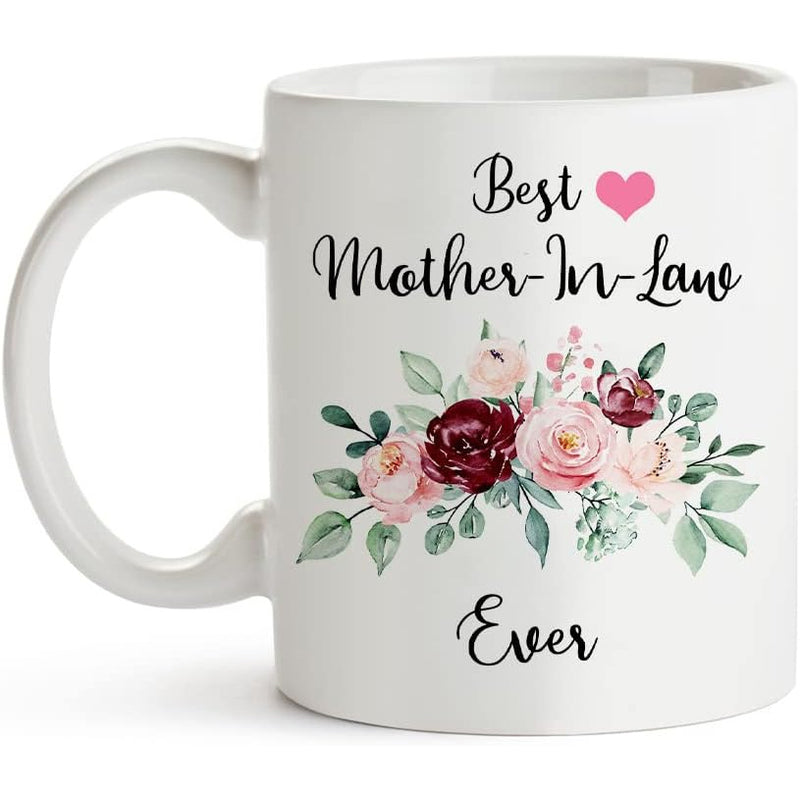 Tailorly White Ceramic 11 oz Mug - Best Mother-In-Law Ever Elegant Watercolor Floral Bouquet With Delicate Green Leaves Flower