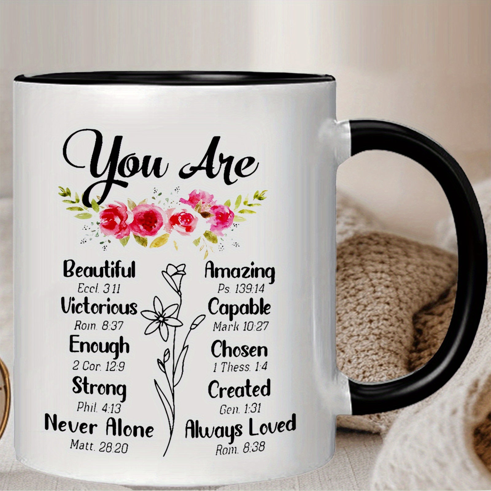 Tailorly Black Accent 11 oz Mug - pink red roses with inspirational verse and positive affirmations