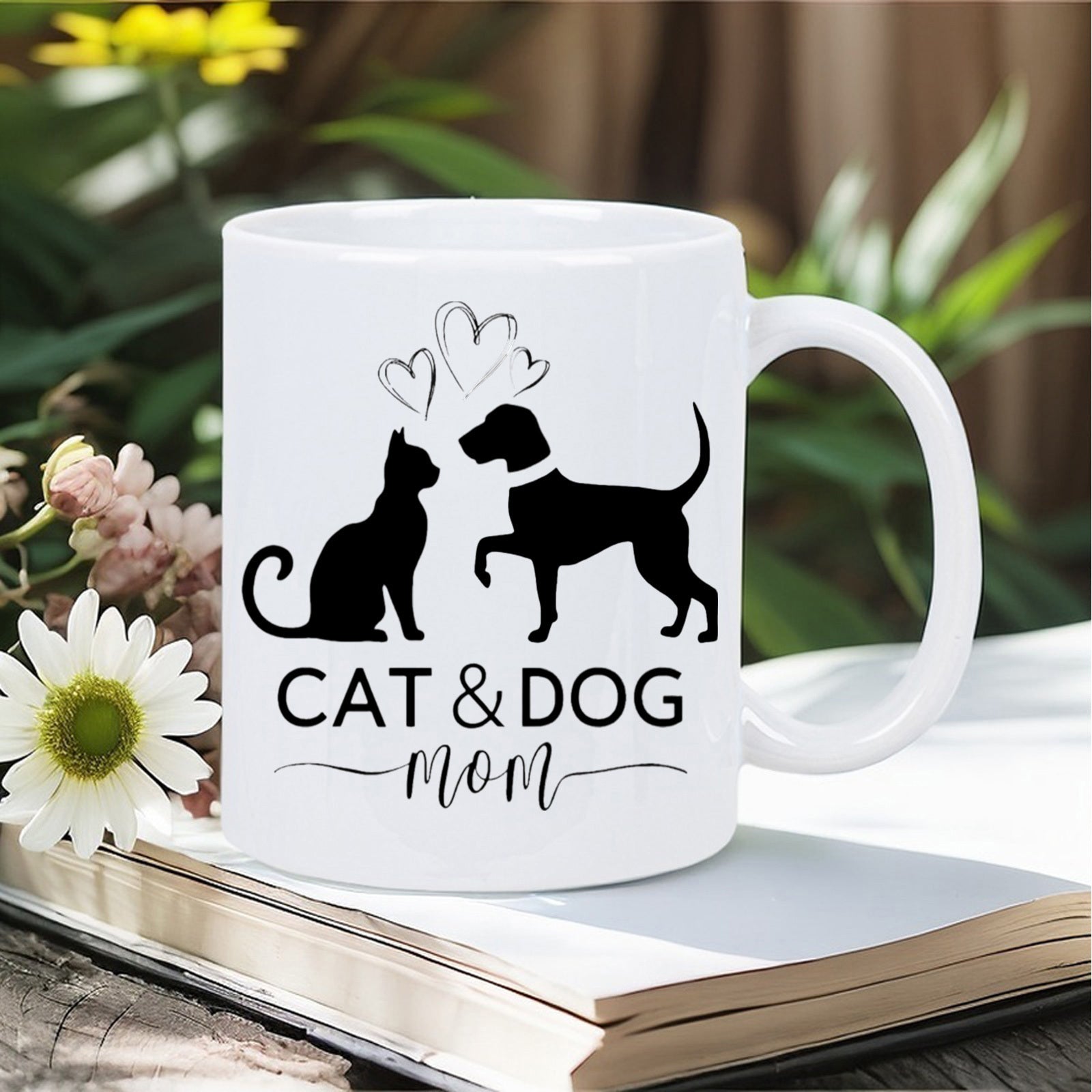 Tailorly White Ceramic 11 oz Mug - Cat Dog Mom Minimalist Black Silhouettes Showing Friendship Under Three Hand Drawn Hearts Pets