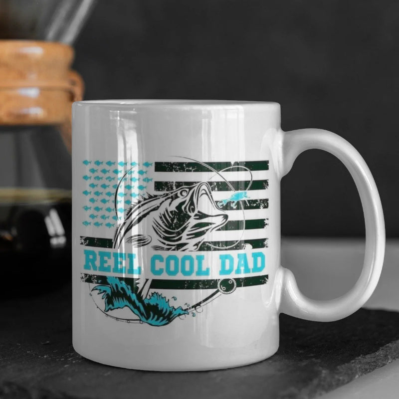 Tailorly White Ceramic 11 oz Mug - Reel Cool Dad Leaping Bass Fish With American Flag Inspired Stripes Bass