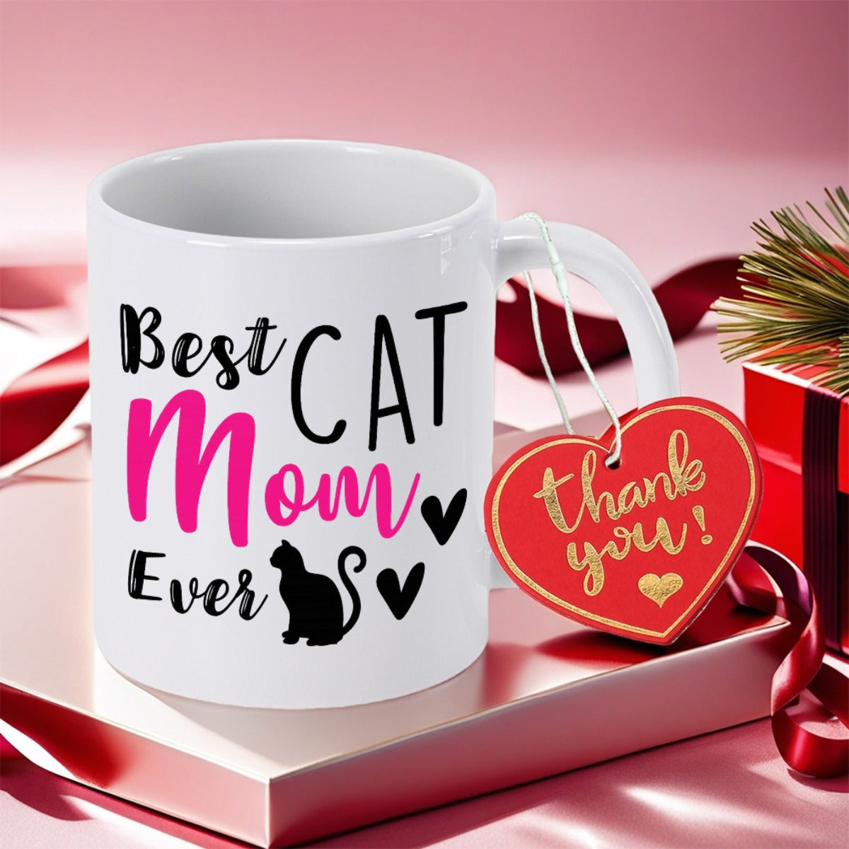 Tailorly White Ceramic 11 oz Mug - Best Cat Mom Ever Stylish Hand Lettering With Cute Black Feline Silhouette Among Small Hearts Cat