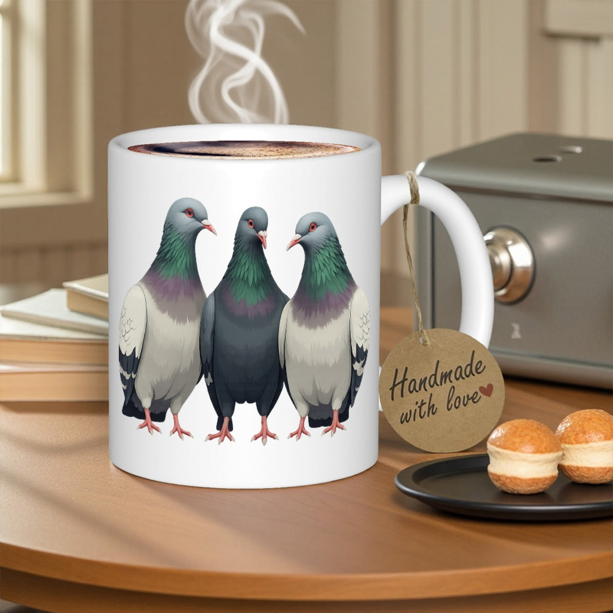 Tailorly White Ceramic 11 oz Mug - Handmade With Love Realistic Three Birds Standing Together With Iridescent Neck Feathers Pigeons