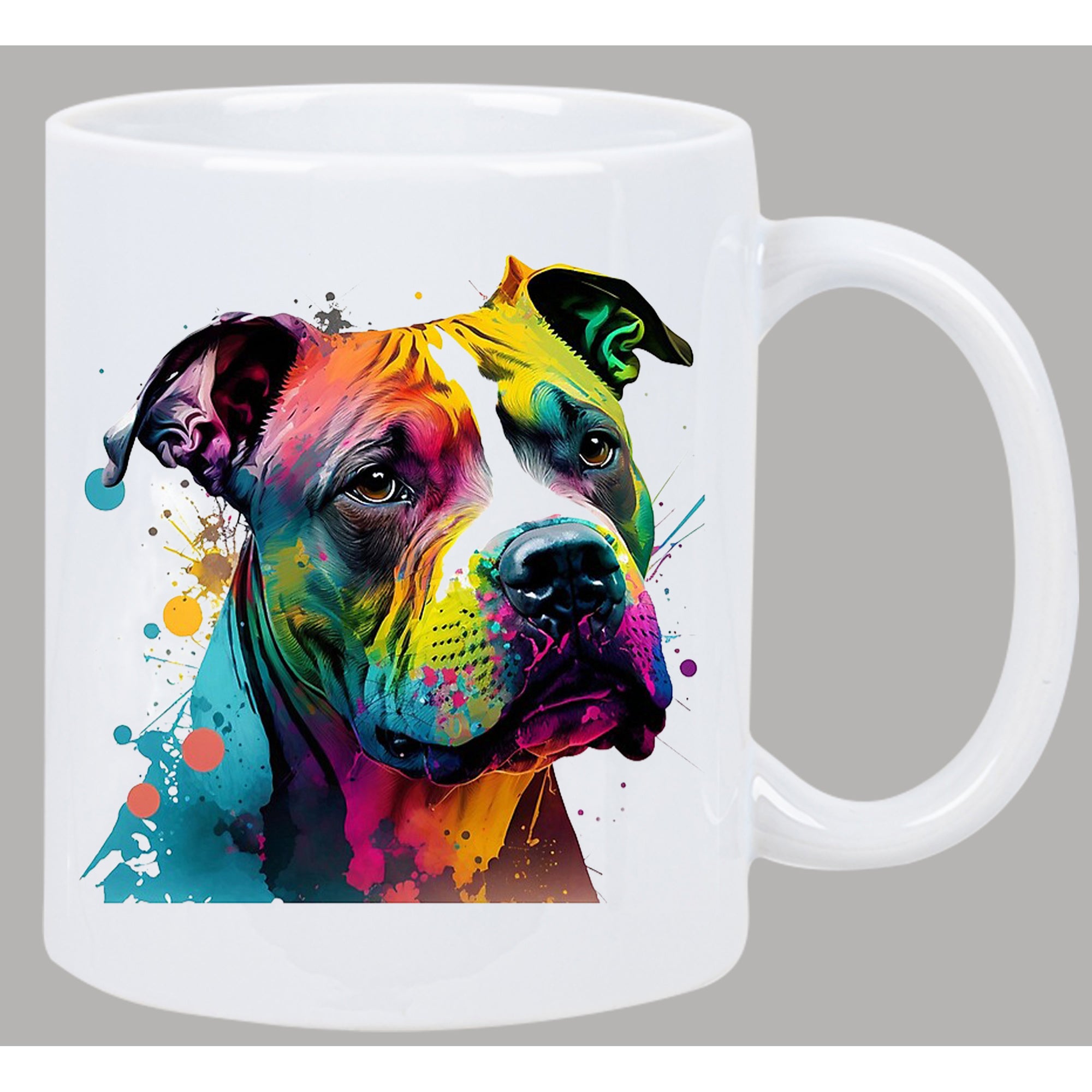 Tailorly White Ceramic 11 oz Mug - Vibrant Artistic Watercolor Splashes Creating A Colorful Portrait Of A Majestic Pitbull