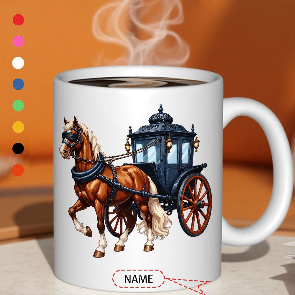 Tailorly White Ceramic 11 oz Mug - Majestic Brown Horse Pulling Vintage Black Ornate Detailed Carriage