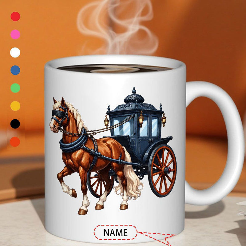 Tailorly White Ceramic 11 oz Mug - Majestic Brown Horse Pulling Vintage Black Ornate Detailed Carriage