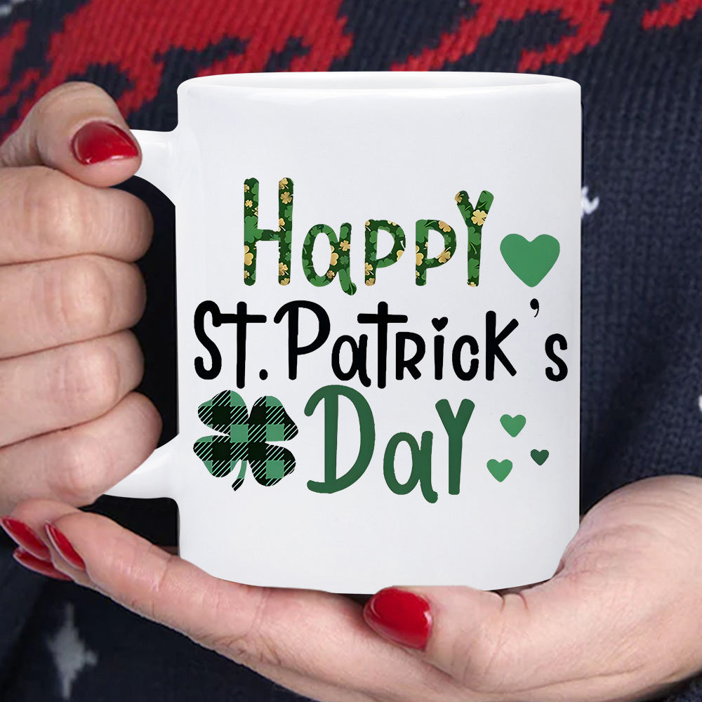 Tailorly White Ceramic 11 oz Mug - Happy St Patricks Day Festive Plaid Pattern Featuring Green Hearts And Lucky Four Leaf Clover