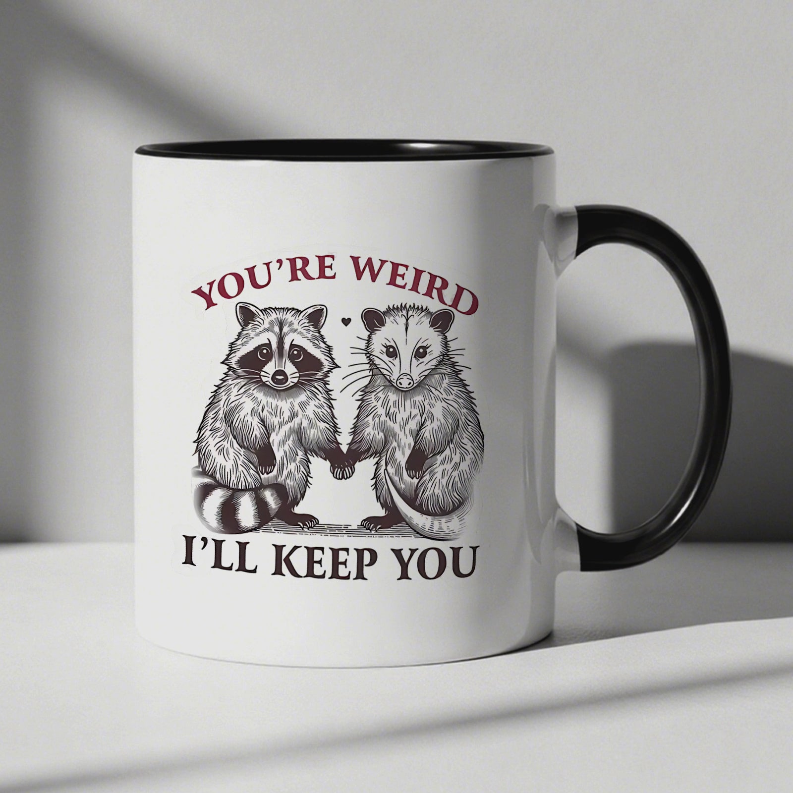 Tailorly Black Accent 11 oz Mug - funny animal black and red text with raccoon
