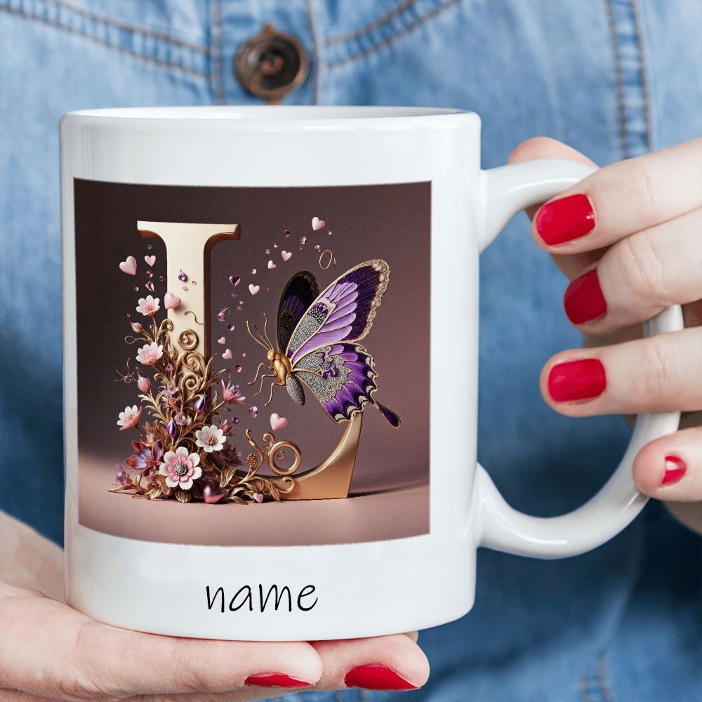 Tailorly White Ceramic 11 oz Mug - Name Elegant Golden Letter L Decorated With Flowers And Purple Butterfly