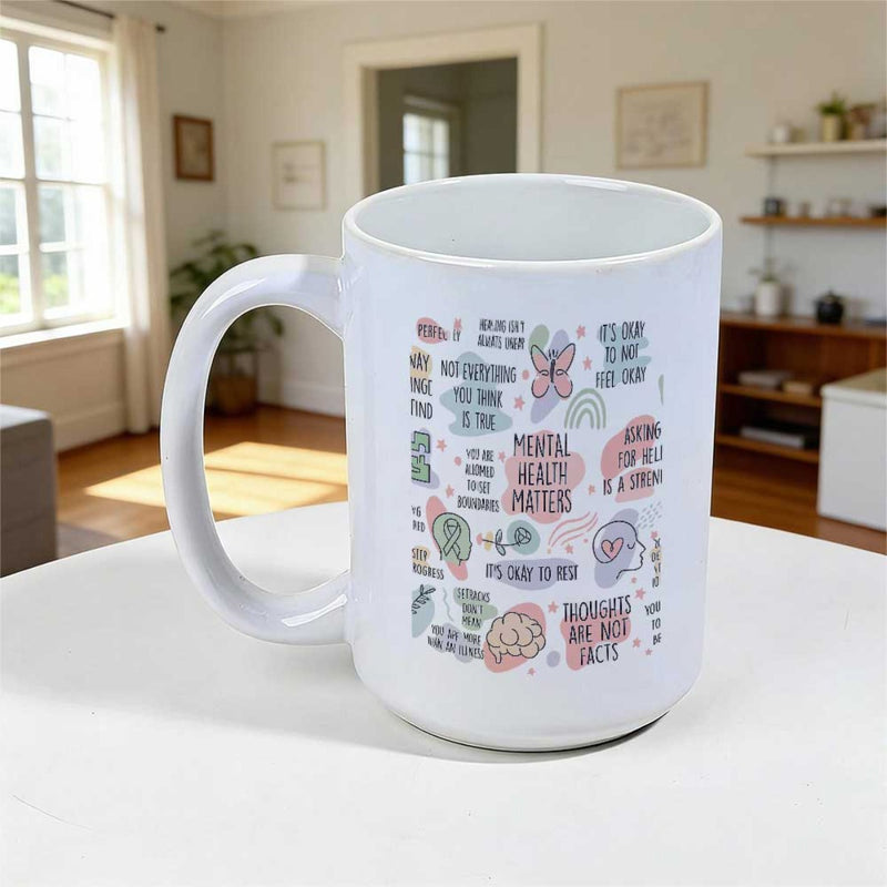 Tailorly White Ceramic 11 oz Mug - Mental Health Matters Be Kind To Your Mind Colorful Pastel Doodles With Inspirational Slogans Surrounding A Healing Human Mind