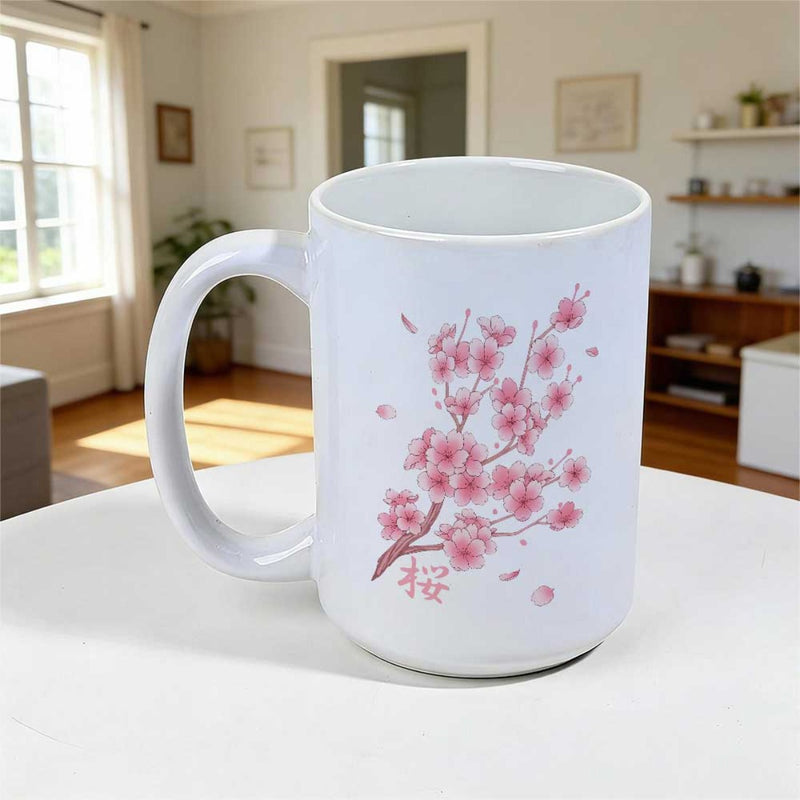 Tailorly White Ceramic 11 oz Mug - Delicate Pink Cherry Blossoms Blooming On A Graceful Wooden Branch Sakura