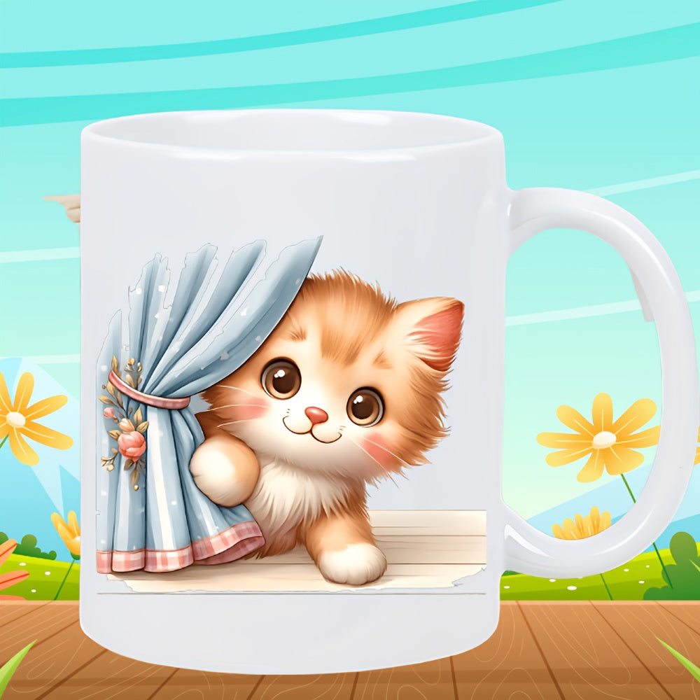Tailorly White Ceramic 11 oz Mug - Adorable Ginger Kitten Peeking From Behind Soft Blue Decorative Curtains Cat