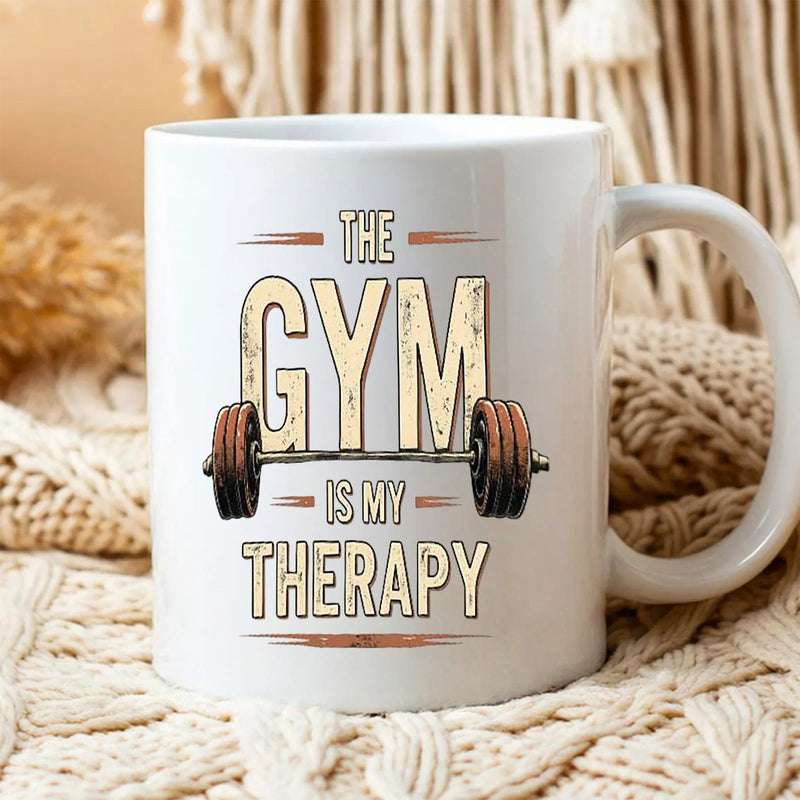 Tailorly White Ceramic 11 oz Mug - The Gym Is My Therapy Distressed Vintage Style With Heavy Weighted Plates On Rustic Metal Equipment Barbell