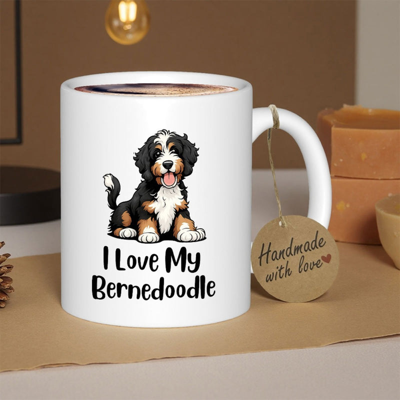 Tailorly White Ceramic 11 oz Mug - I Love My Bernedoodle Adorable Fluffy Tricolor Puppy Sitting Peacefully With Its Tail Visible Dog