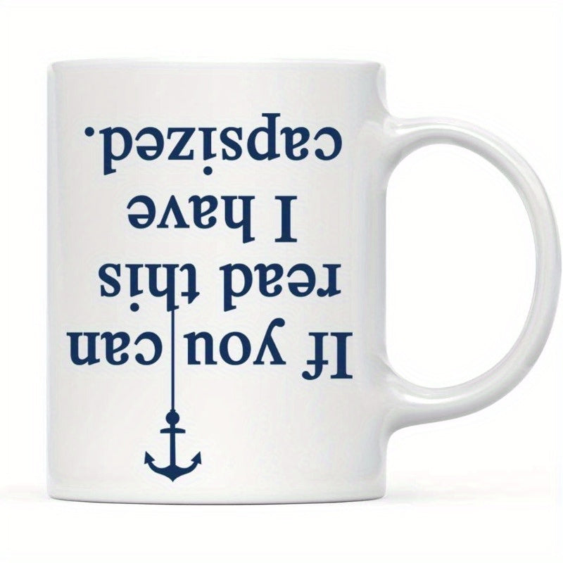 Tailorly White Ceramic 11 oz Mug - If You Can Read This I Have Capsized Minimalist Navy Blue Nautical Silhouette Symbol Design Anchor