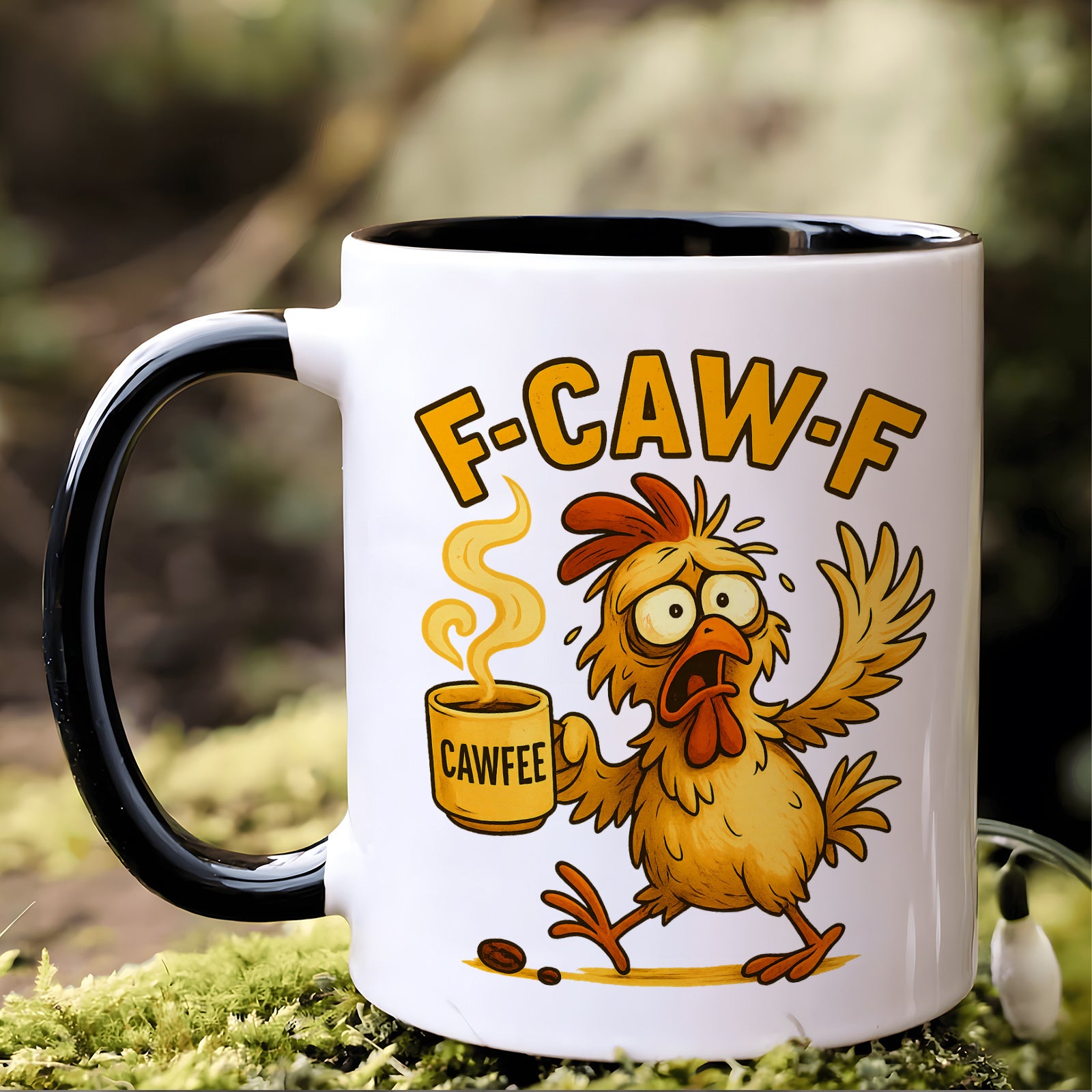 Tailorly Black Accent 11 oz Mug - funny "f caw f" text with steam coffee bean decor