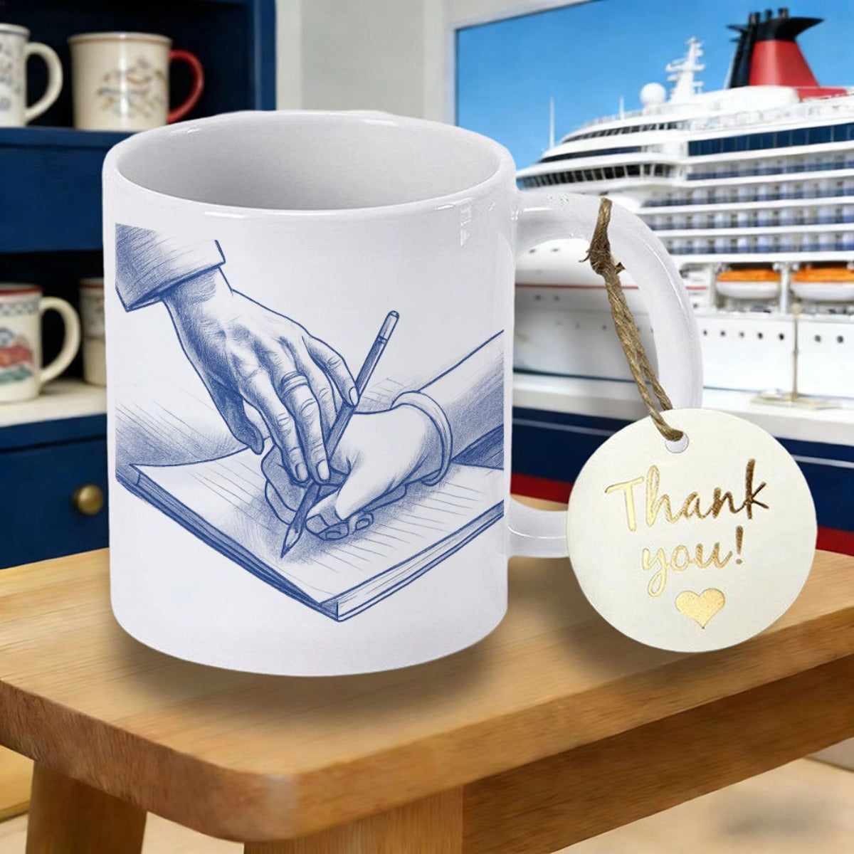 Tailorly White Ceramic 11 oz Mug - Thank You Artistic Blue Line Drawing Of Guiding Hands Holding Pencil On Paper Hands