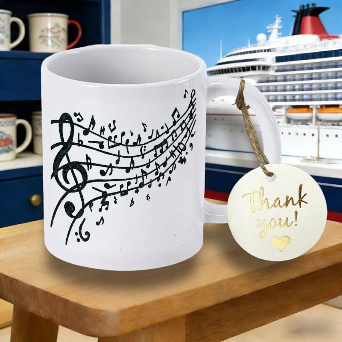 Tailorly White Ceramic 11 oz Mug - Flowing Black Treble Clef And Melodic Notes Dancing Across Staff Note