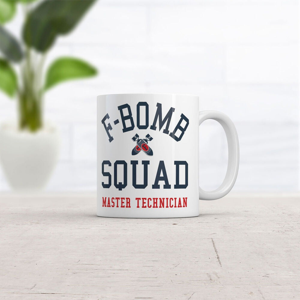 Tailorly White Ceramic 11 oz Mug - F Bomb Squad Master Technician Two Crossed Stylized Red And Black Bombs With Bold Industrial Lettering Mug