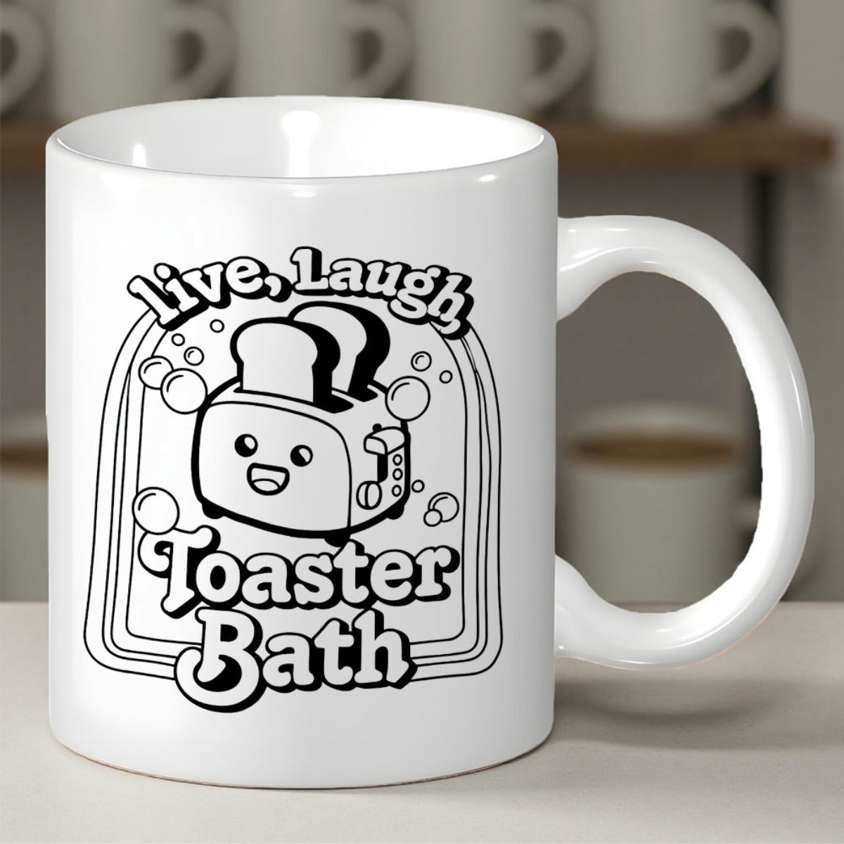 Tailorly White Ceramic 11 oz Mug - Live Laugh Toaster Bath Smiling Cartoon Popping Bread Surrounded By Playful Floating Bubbles Toaster