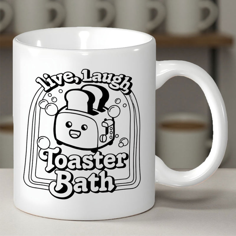 Tailorly White Ceramic 11 oz Mug - Live Laugh Toaster Bath Smiling Cartoon Popping Bread Surrounded By Playful Floating Bubbles Toaster