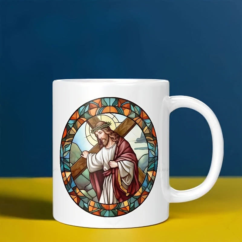 Tailorly White Ceramic 11 oz Mug - Elegant Stained Glass Artwork Showing Devout Figure Carrying Sacred Wooden Cross Jesus