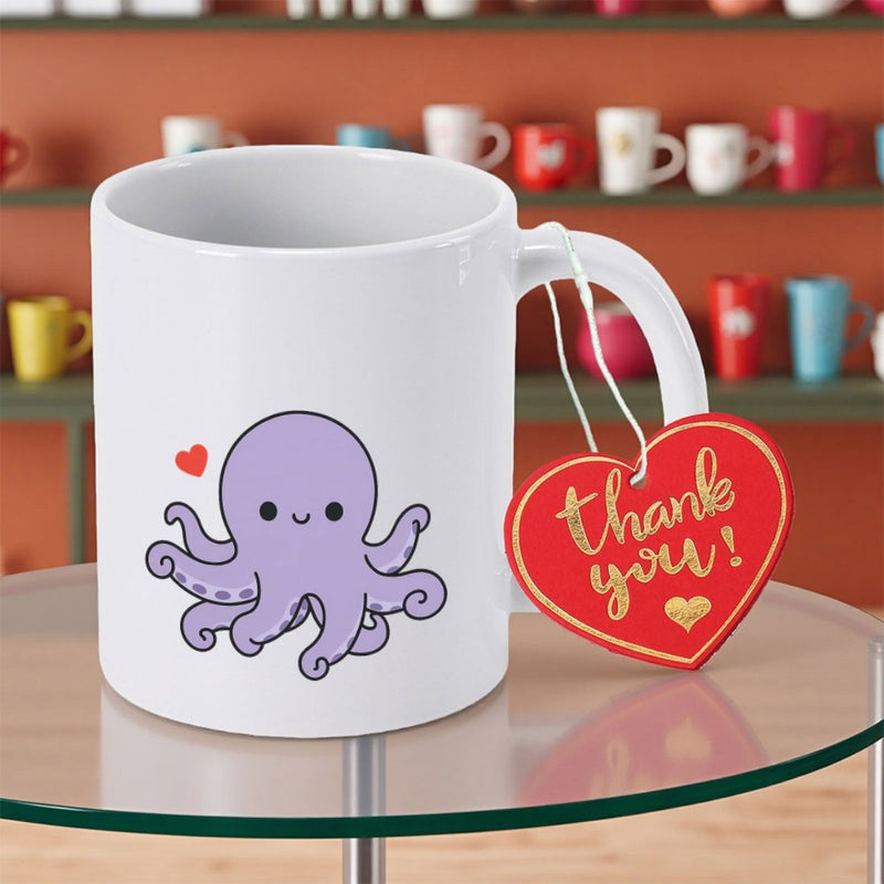 Tailorly White Ceramic 11 oz Mug - Thank You Adorable Purple Sea Creature With Floating Red Love Heart And Smile Octopus