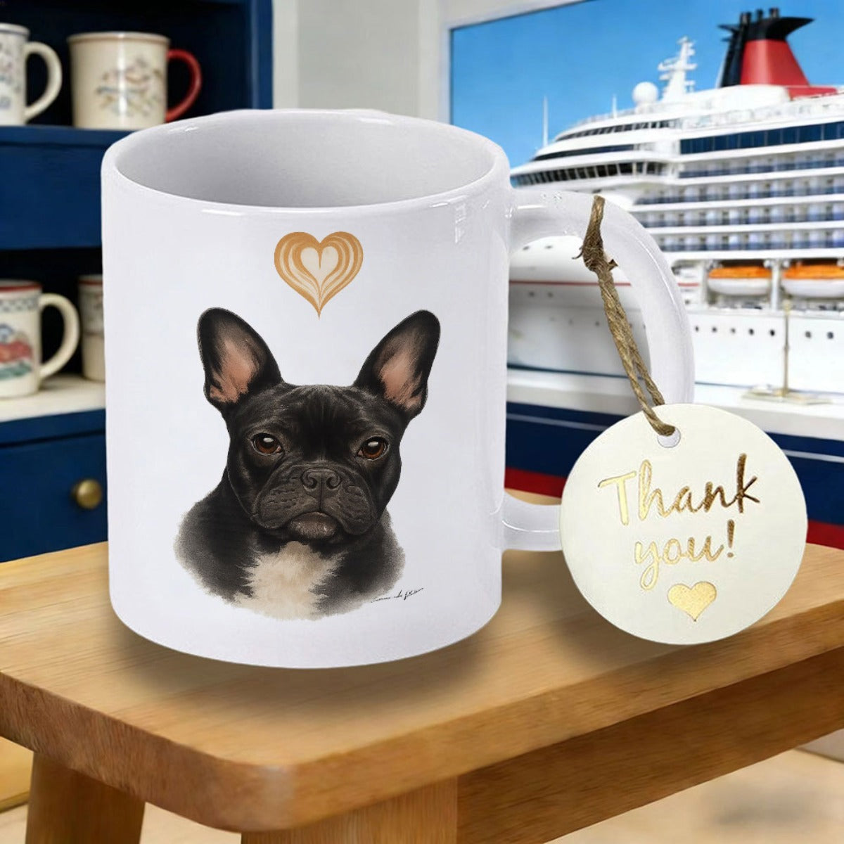 Tailorly White Ceramic 11 oz Mug - Thank You Elegant Black French Bulldog Portrait With Golden Heart Sitting Gracefully French Bulldog