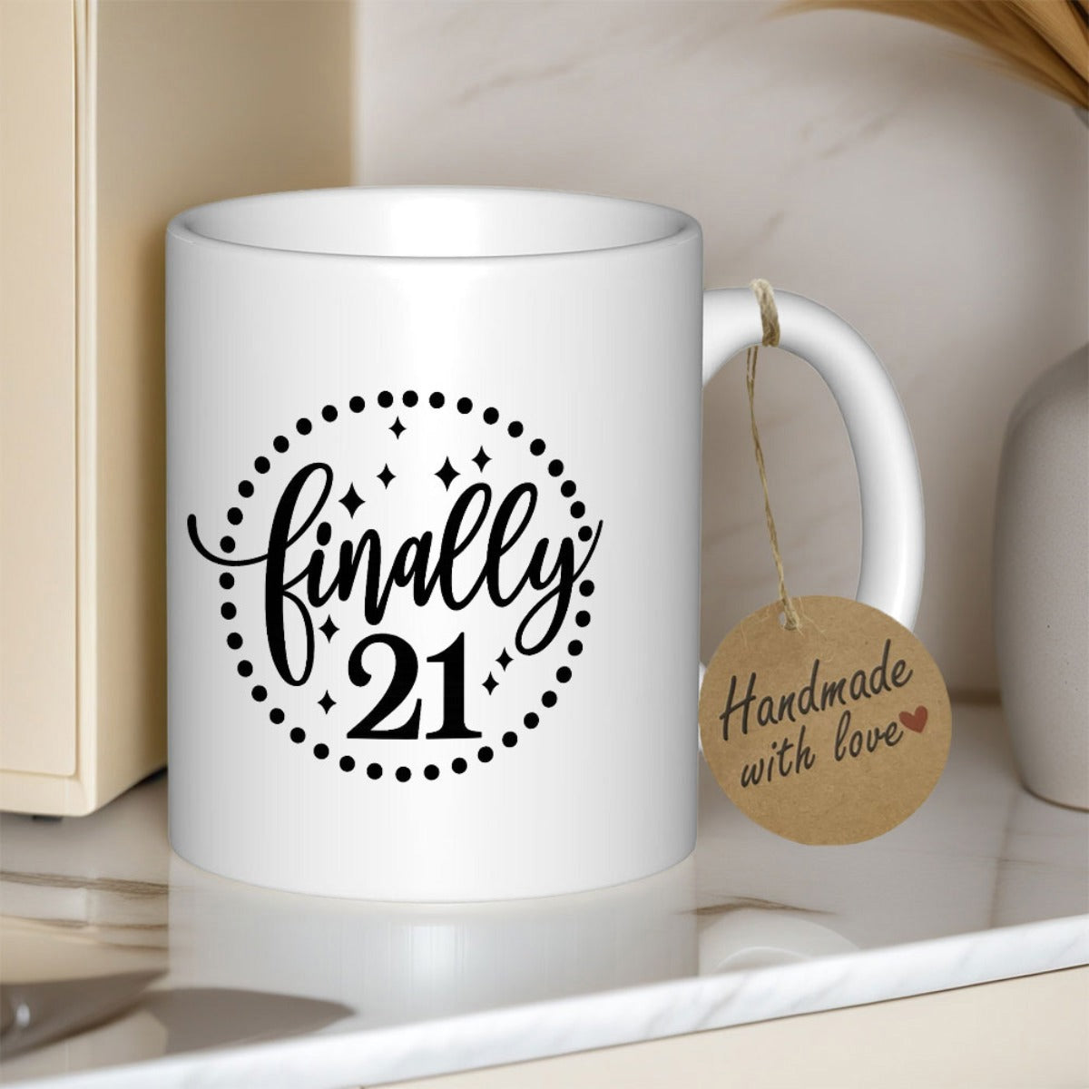 Tailorly White Ceramic 11 oz Mug - Finally 21 Refined Dotted Circular Frame With Shimmering Tiny Stars And Swirls Mug